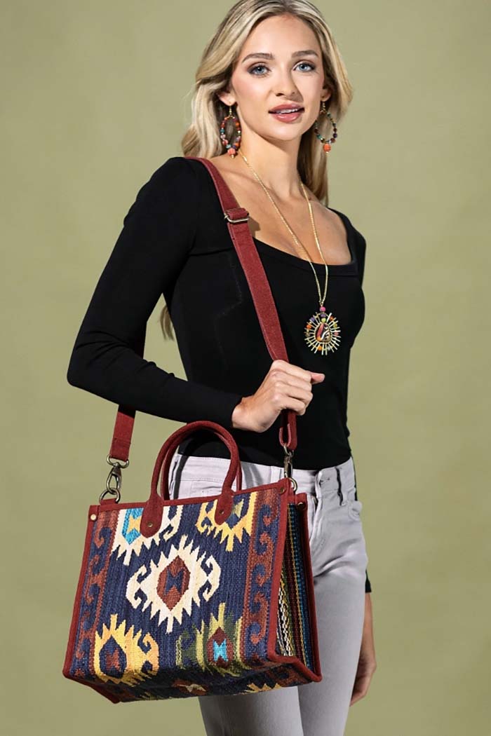 Ethnic Motif Suede-Trim Tote
