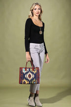 Ethnic Motif Suede-Trim Tote