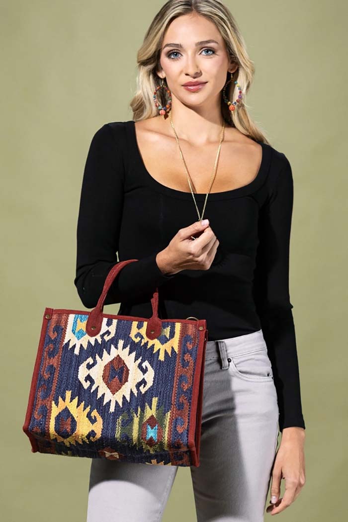 Ethnic Motif Suede-Trim Tote