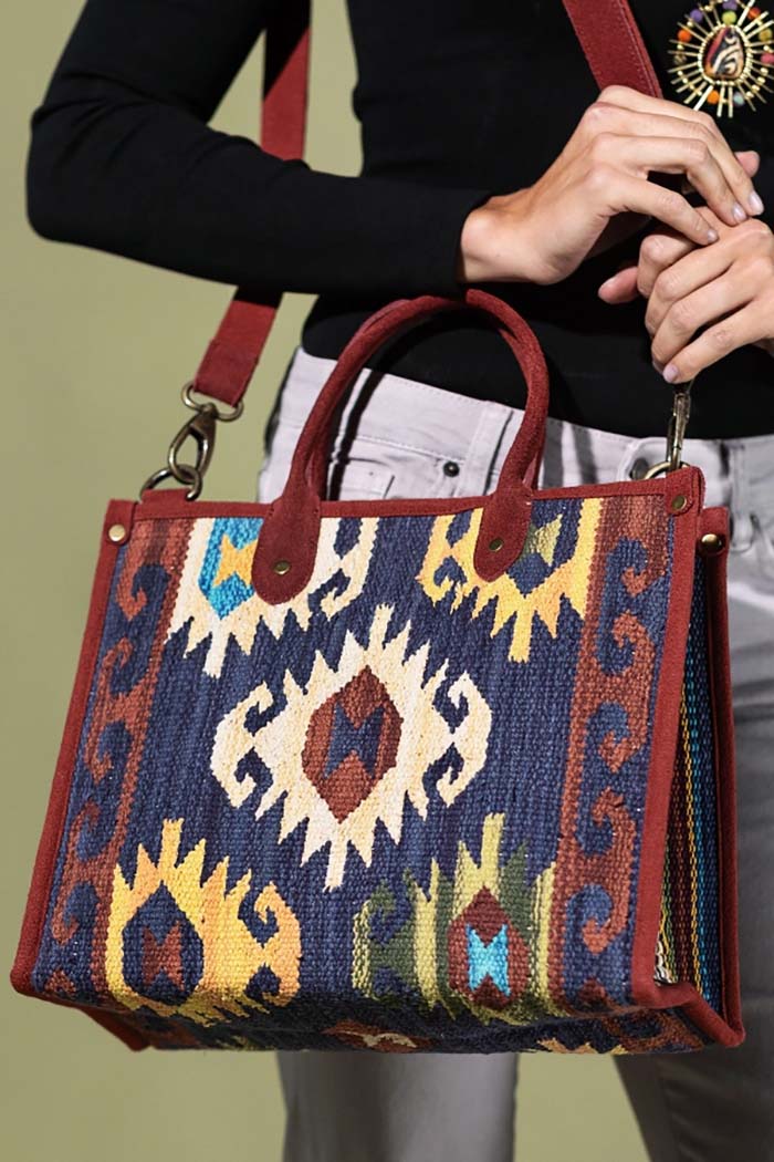 Ethnic Motif Suede-Trim Tote