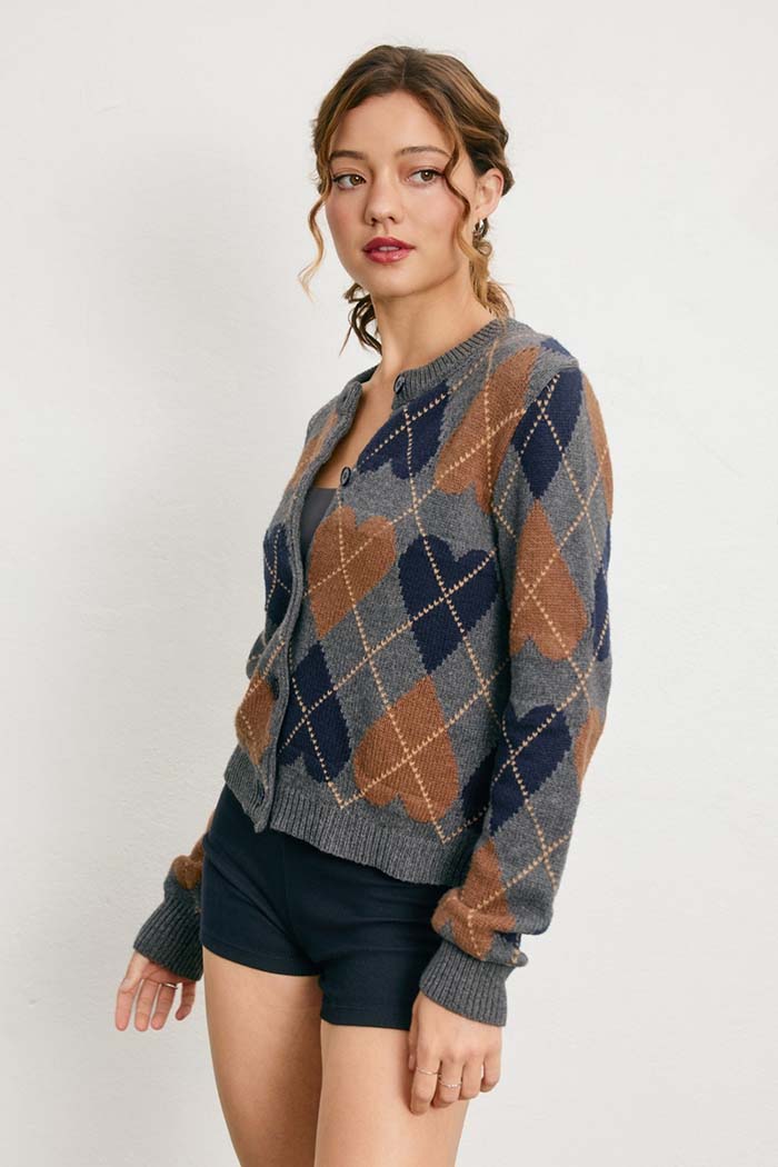 Cozy Heart Argyle Cardigan