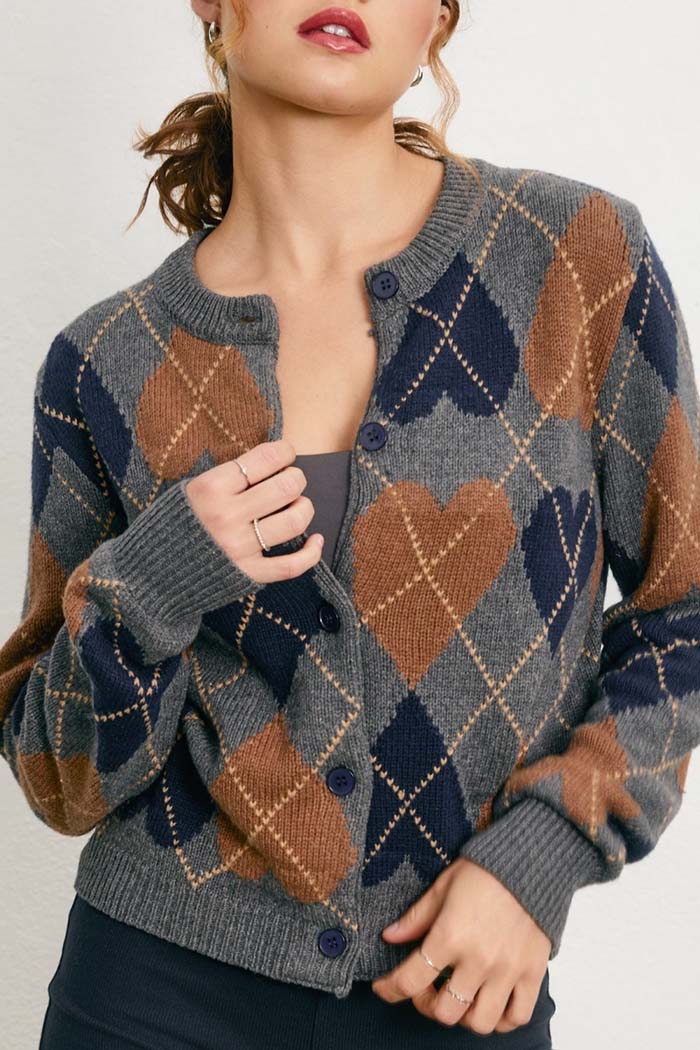 Cozy Heart Argyle Cardigan