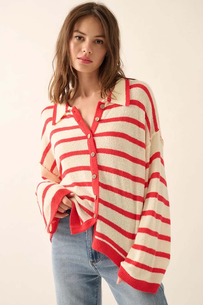 Striped Knit Collared Cardigan