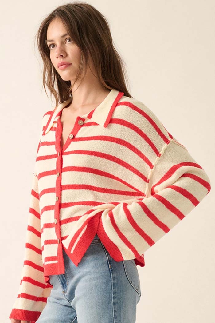 Striped Knit Collared Cardigan
