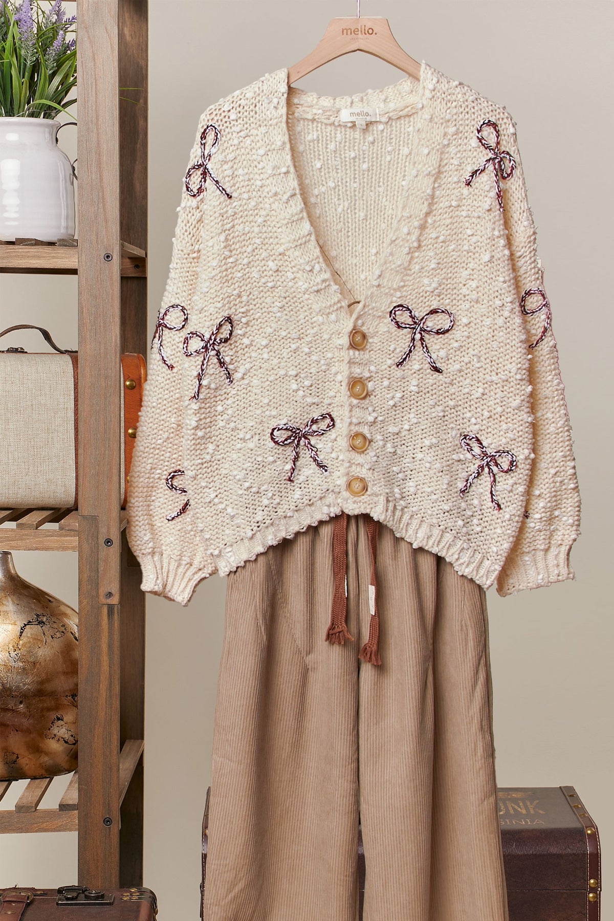 Ribbon Patch Popcorn Knit Cardigan