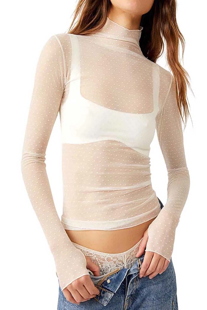 Polka Dot Mesh Turtleneck Top