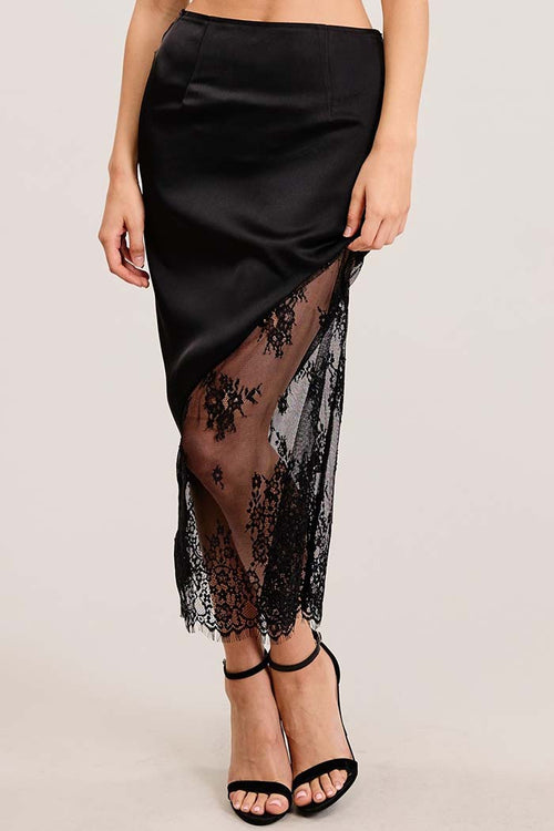 Asymmetrical Lace Satin Midi Skirt