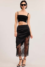 Asymmetrical Lace Satin Midi Skirt