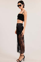 Asymmetrical Lace Satin Midi Skirt