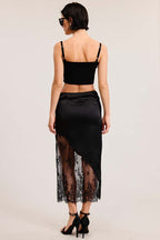 Asymmetrical Lace Satin Midi Skirt