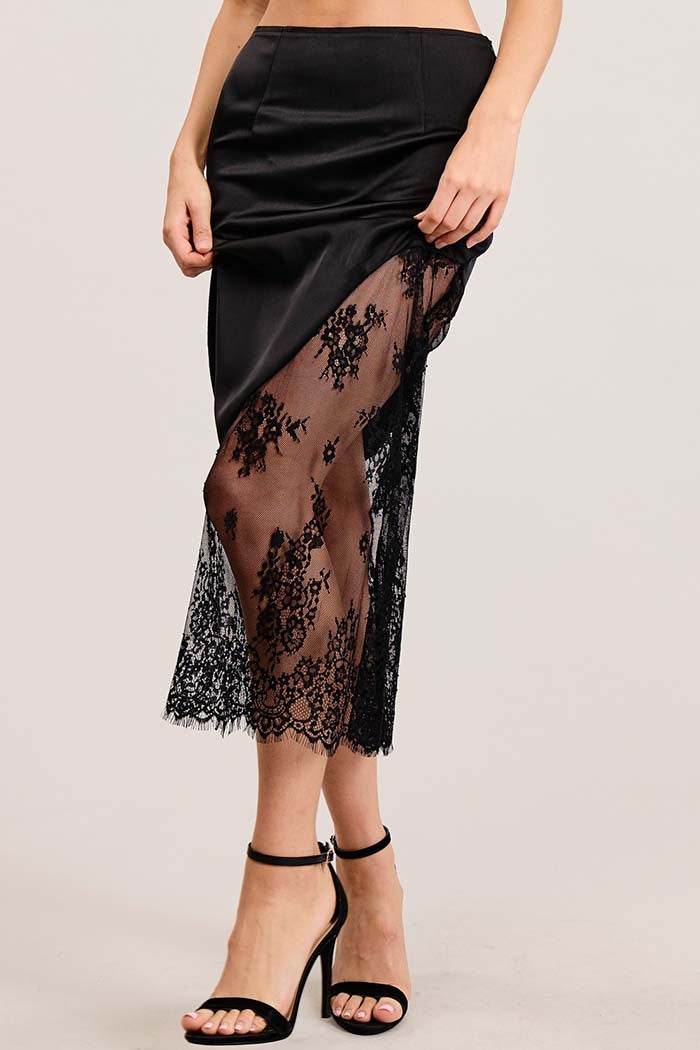 Asymmetrical Lace Satin Midi Skirt