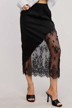 Asymmetrical Lace Satin Midi Skirt