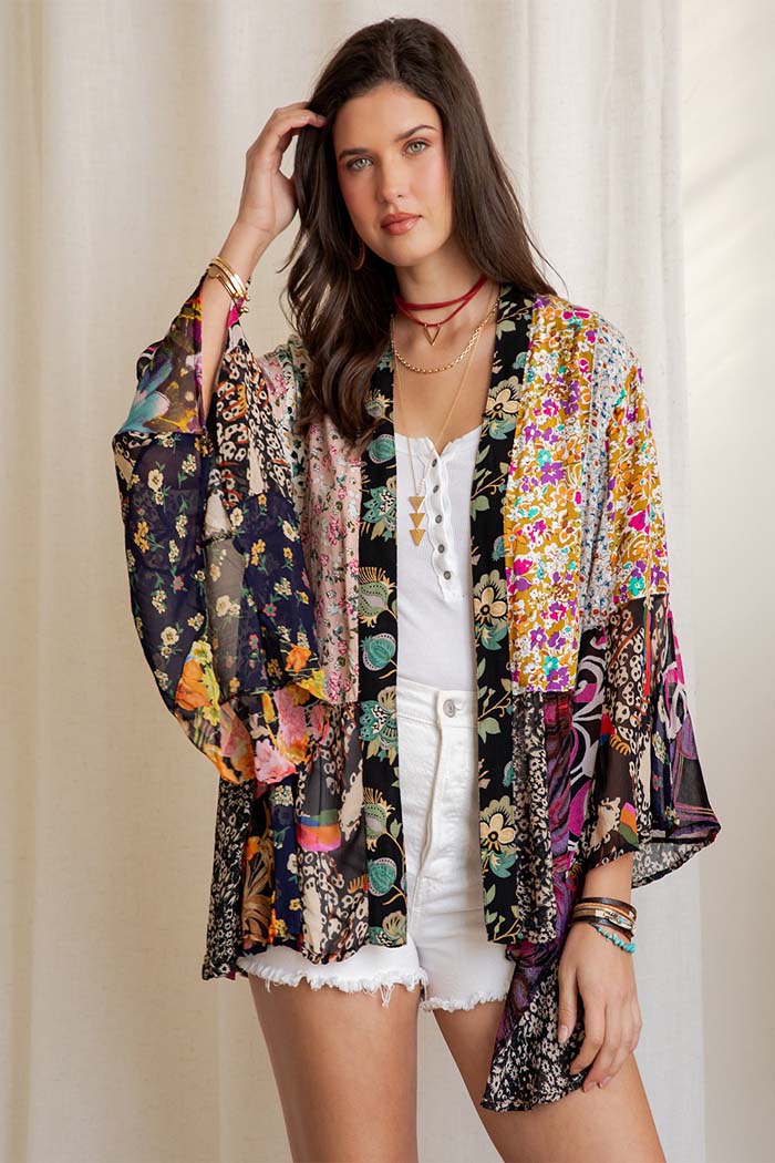 Printed Embroidered Kimono Shrug