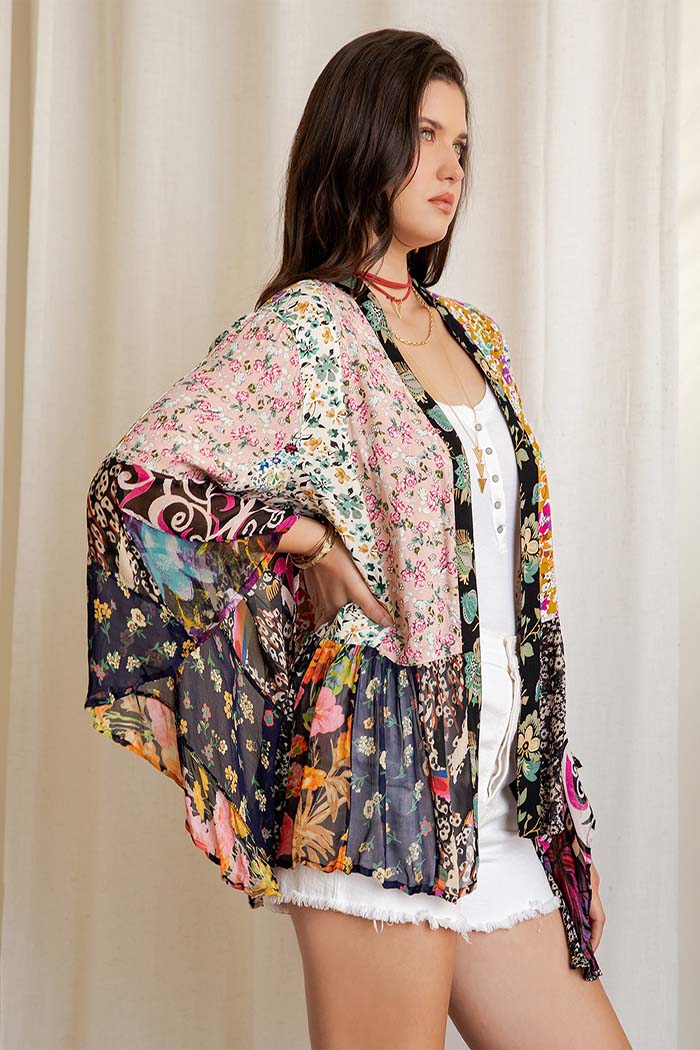 Printed Embroidered Kimono Shrug