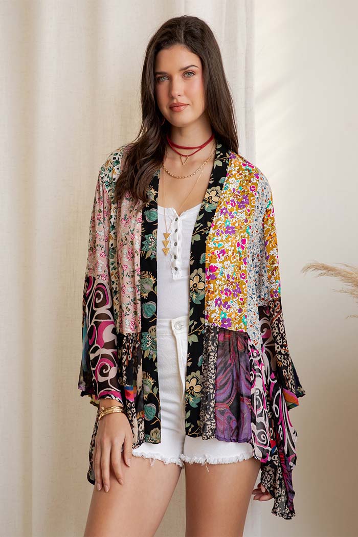 Printed Embroidered Kimono Shrug