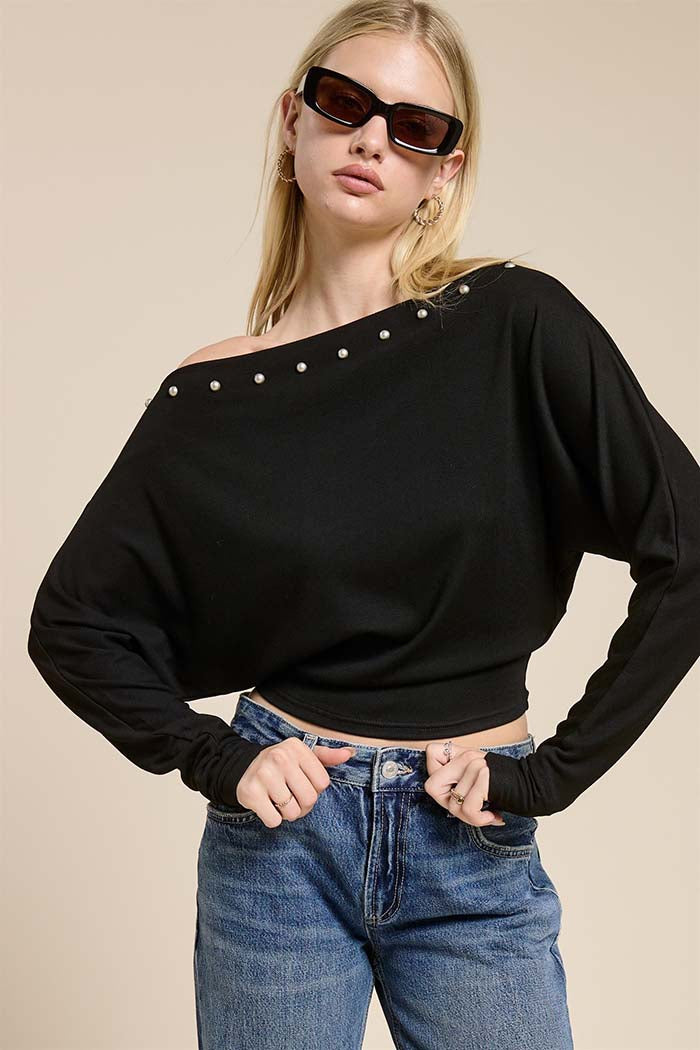 Studded One-Shoulder Batwing Knit Top