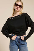 Studded One-Shoulder Batwing Knit Top