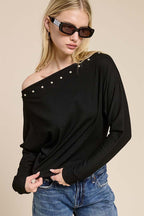 Studded One-Shoulder Batwing Knit Top