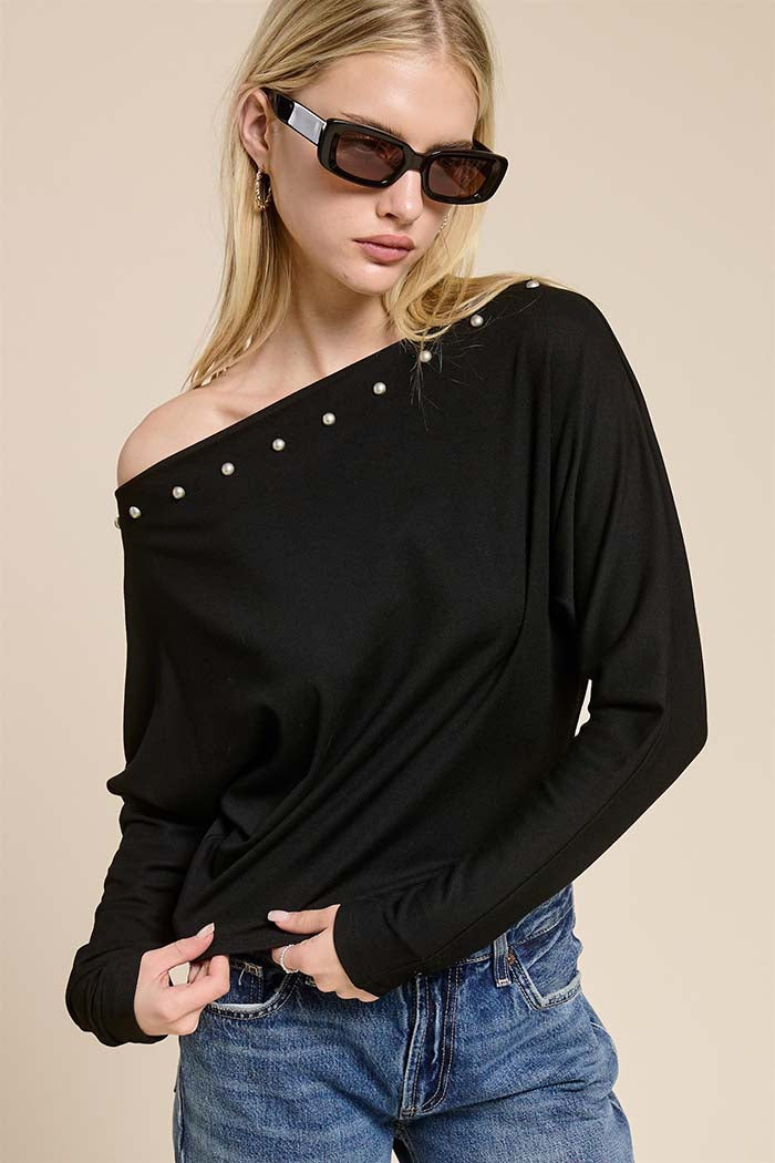 Studded One-Shoulder Batwing Knit Top