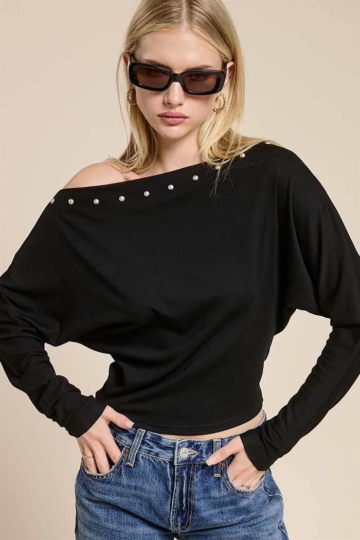 Studded One-Shoulder Batwing Knit Top