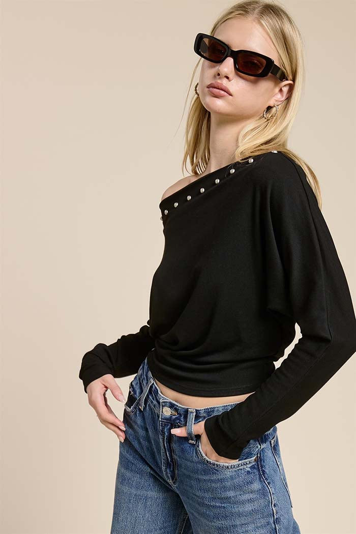 Studded One-Shoulder Batwing Knit Top
