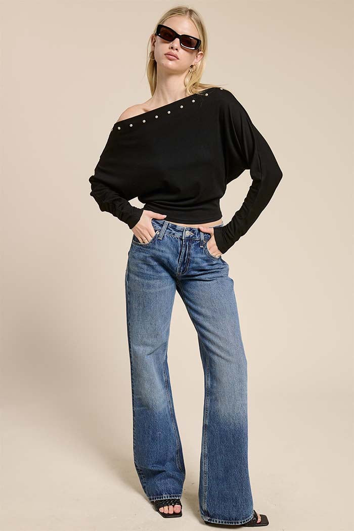Studded One-Shoulder Batwing Knit Top