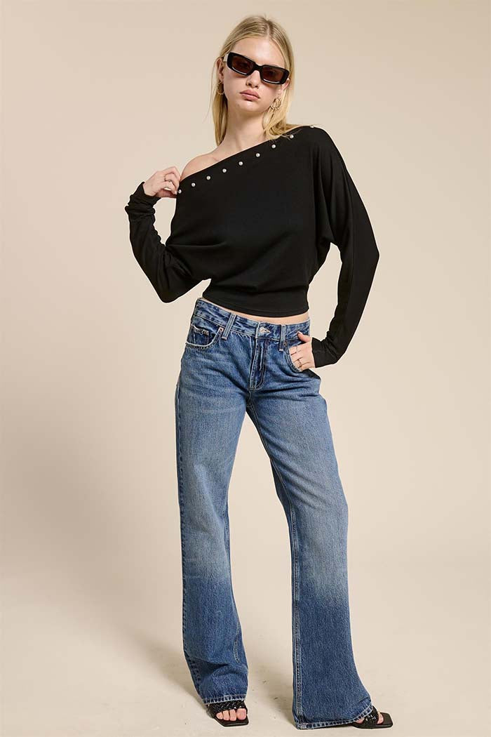 Studded One-Shoulder Batwing Knit Top