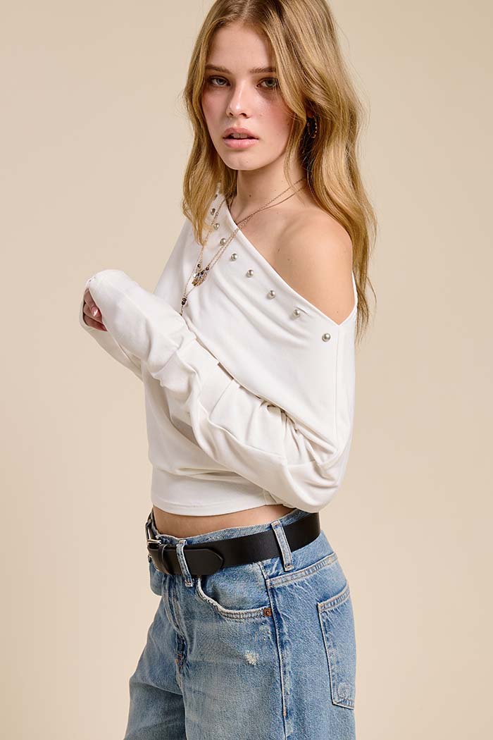 Studded One-Shoulder Batwing Knit Top