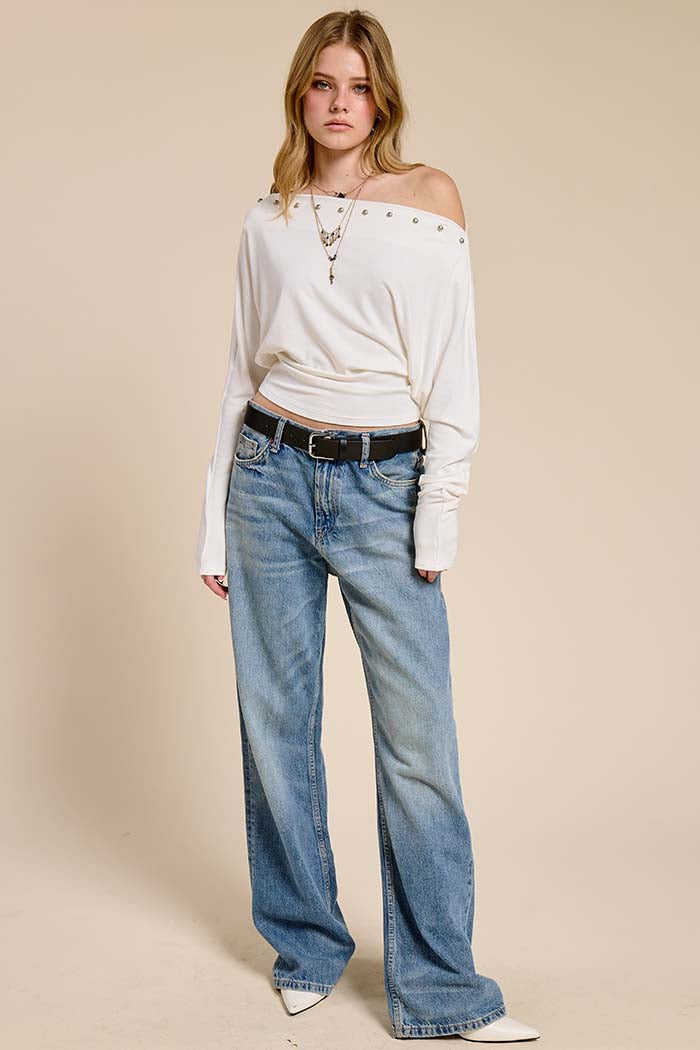 Studded One-Shoulder Batwing Knit Top