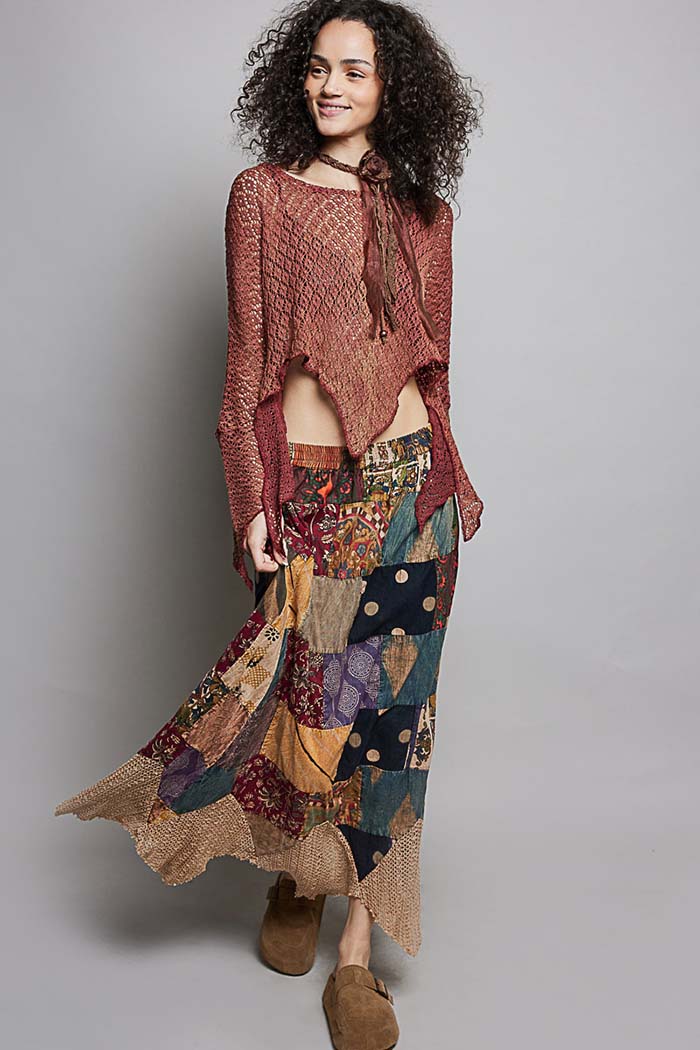 Patchwork Elastic Waist Maxi Skirt