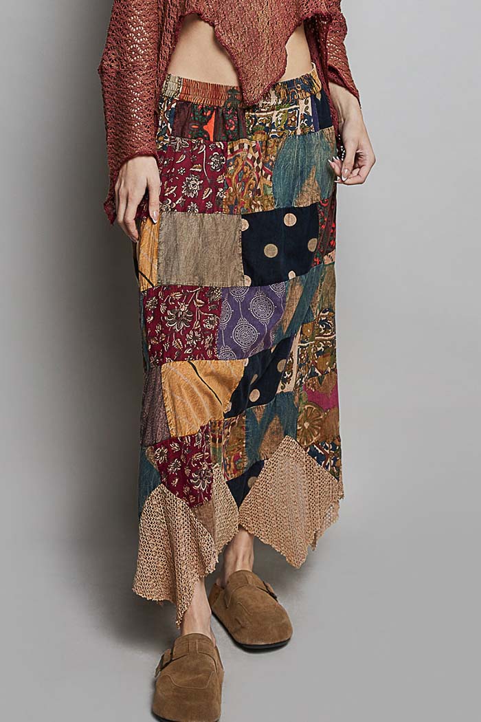 Patchwork Elastic Waist Maxi Skirt