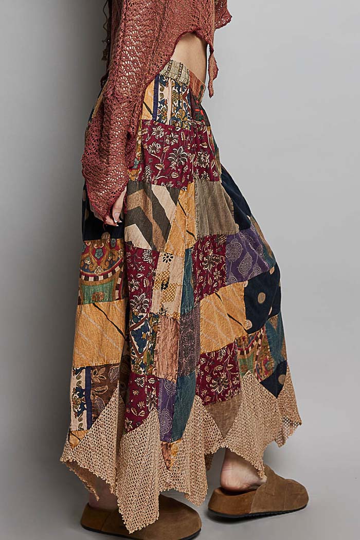 Patchwork Elastic Waist Maxi Skirt
