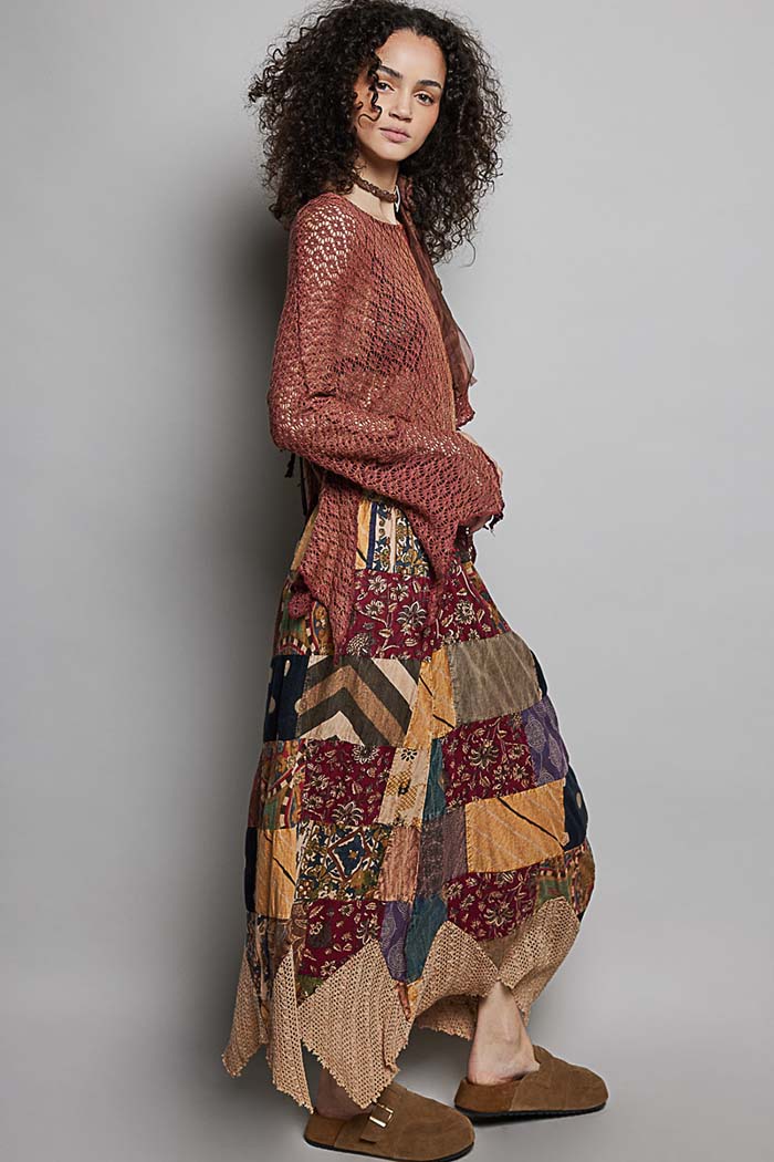 Patchwork Elastic Waist Maxi Skirt