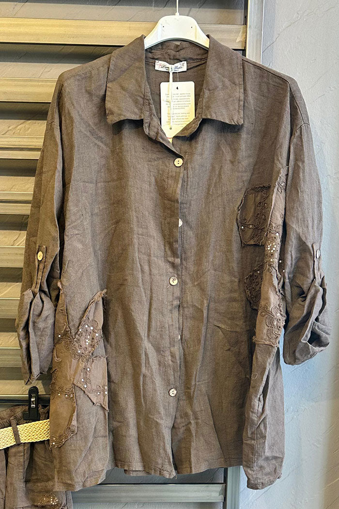 Sequin Flower Appliqué Linen Top