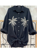 Black Embroidered Palm Tree Button-Down Shirt