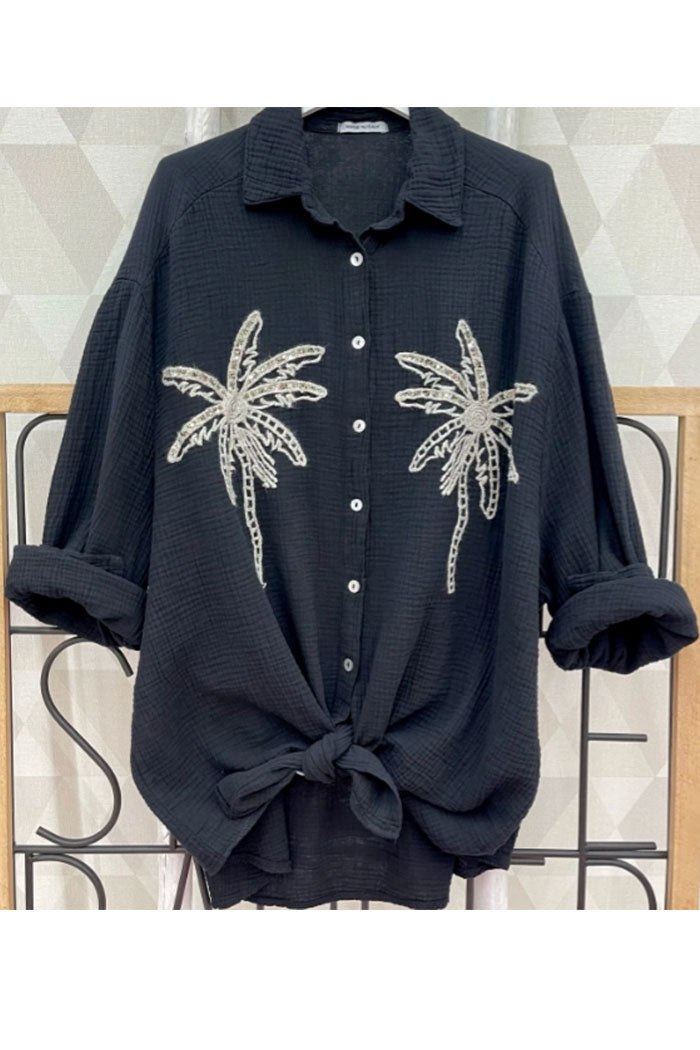 Black Embroidered Palm Tree Button-Down Shirt