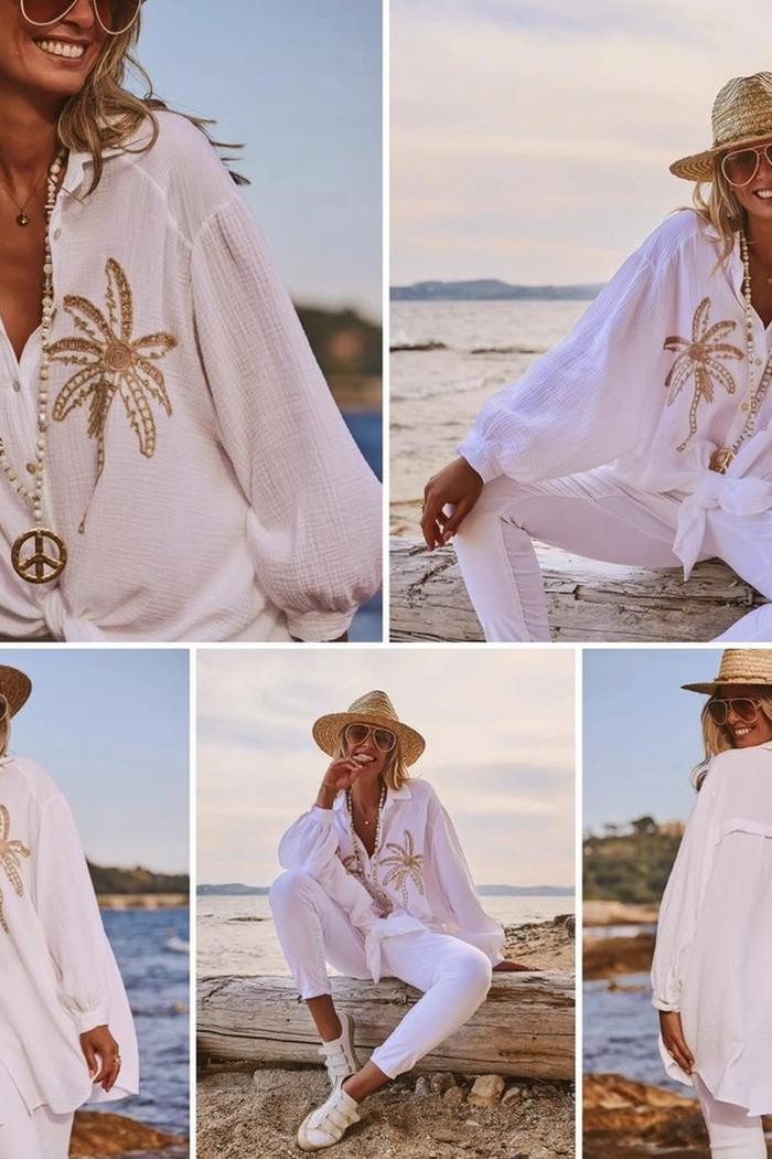 Black Embroidered Palm Tree Button-Down Shirt