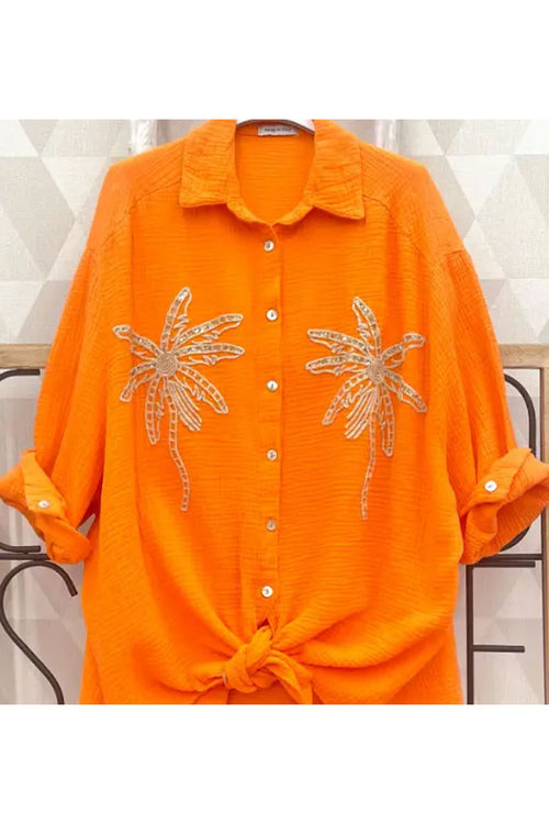 Black Embroidered Palm Tree Button-Down Shirt