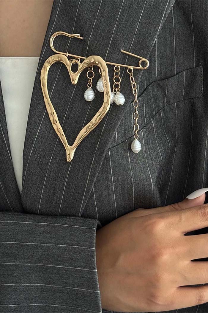 Gold Heart Statement Brooch with Pearl Drops