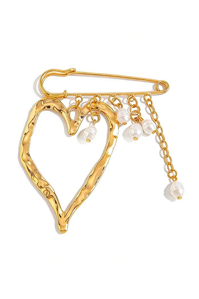 Gold Heart Statement Brooch with Pearl Drops