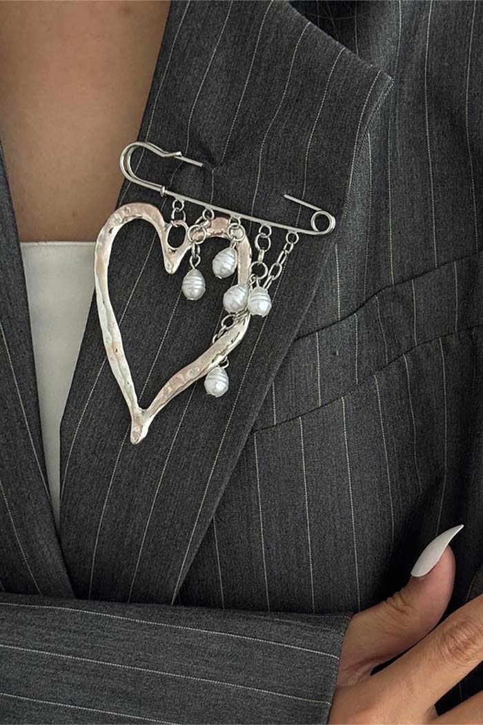 Gold Heart Statement Brooch with Pearl Drops