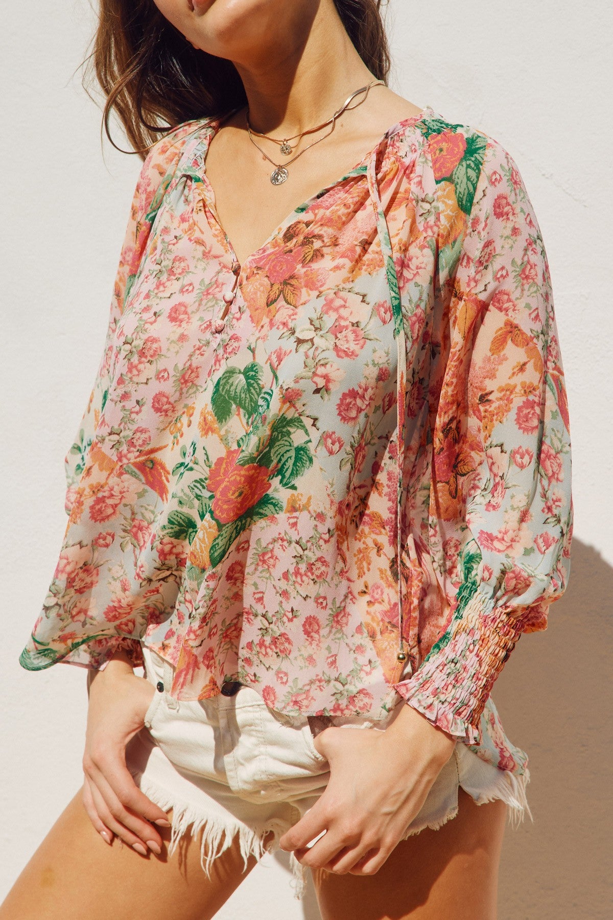 Flower Patch Smocked Neckline Blouse