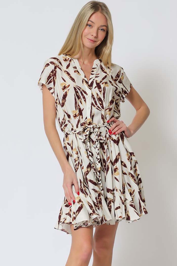 Leaf Print Belted Mini Dress