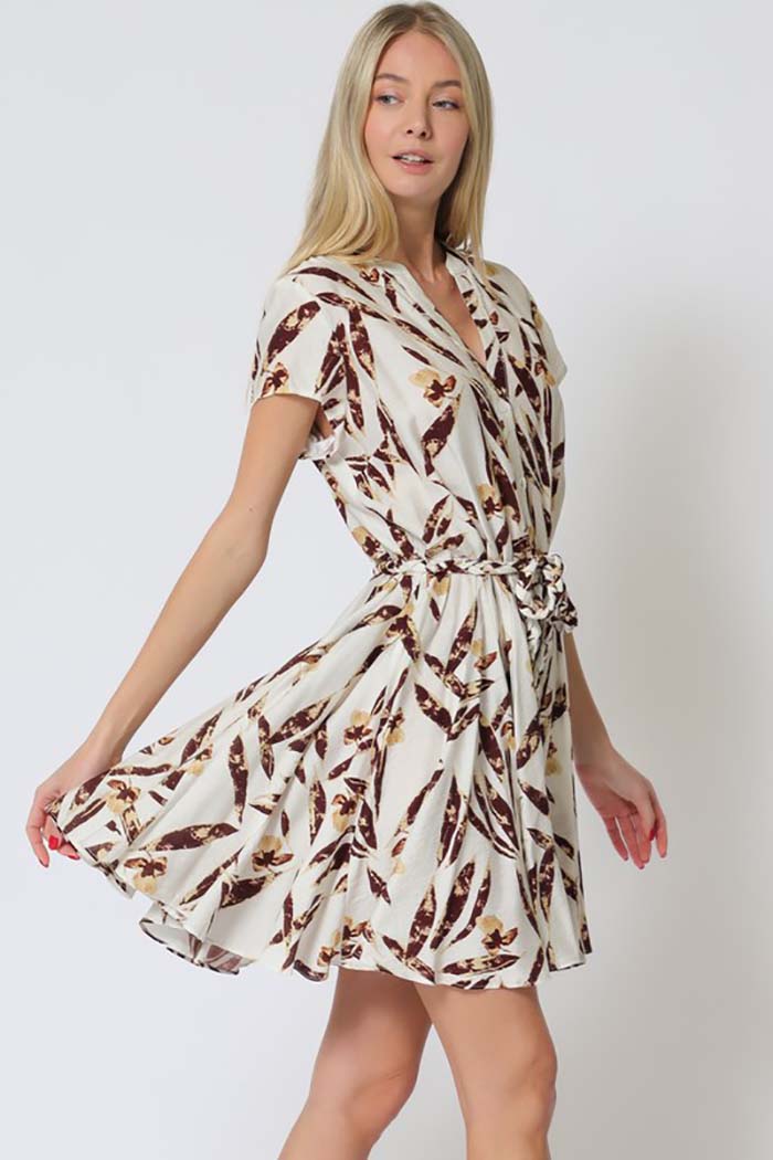 Leaf Print Belted Mini Dress