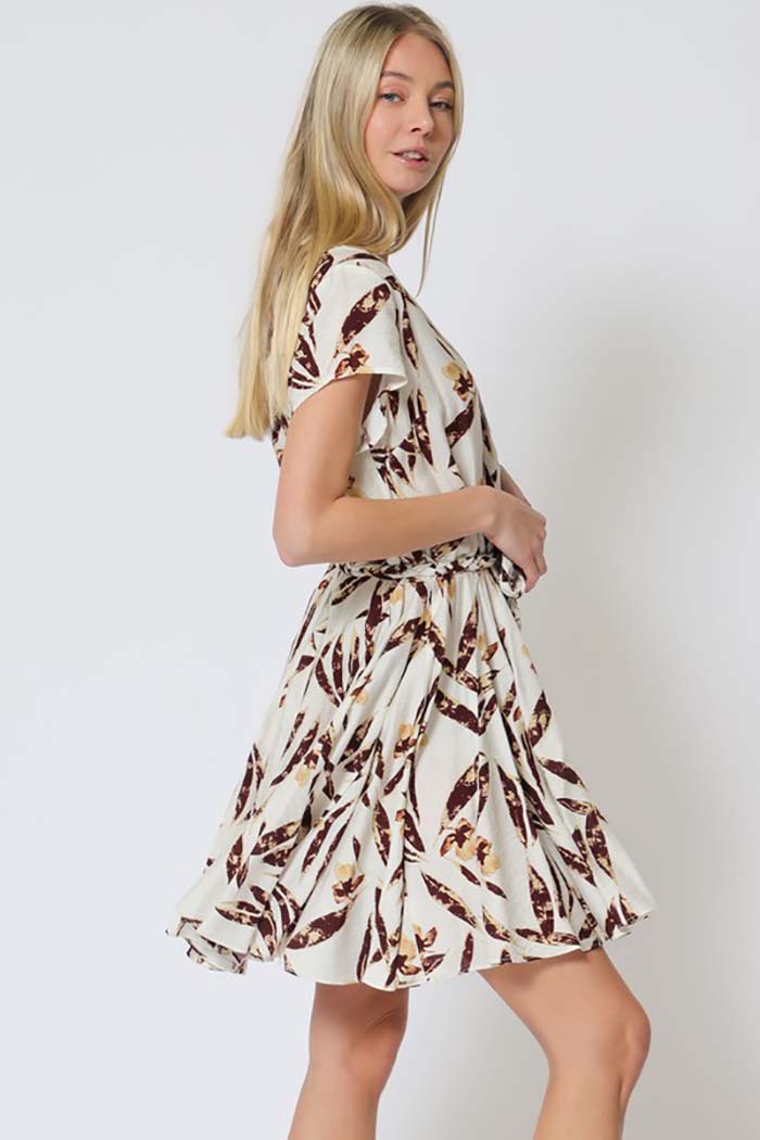 Leaf Print Belted Mini Dress