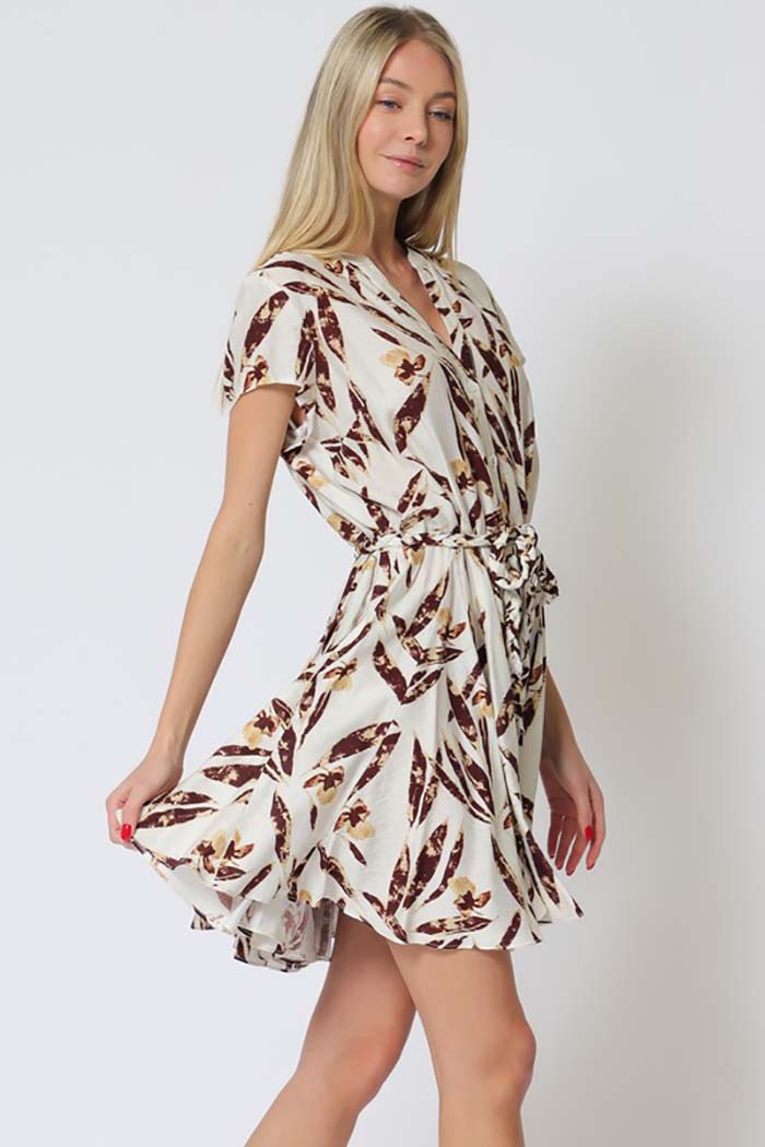 Leaf Print Belted Mini Dress