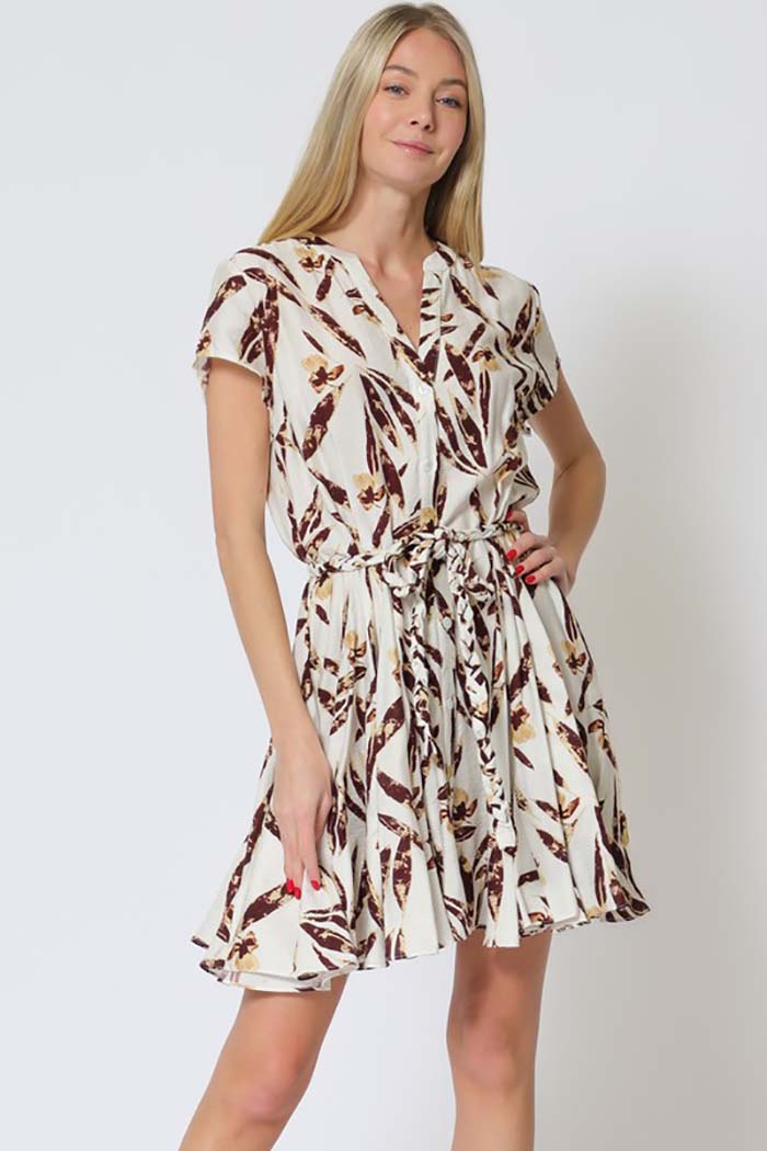 Leaf Print Belted Mini Dress
