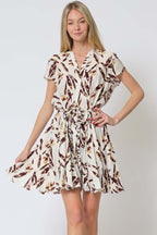 Leaf Print Belted Mini Dress