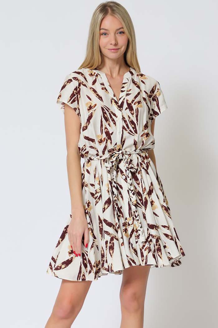 Leaf Print Belted Mini Dress