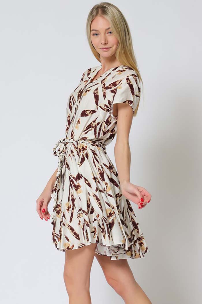 Leaf Print Belted Mini Dress